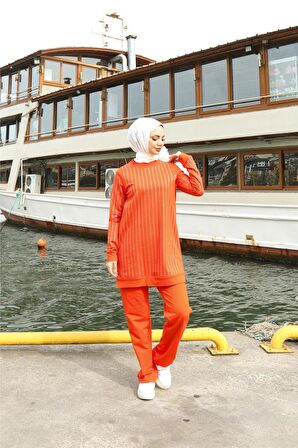 Çizgili Taş Desenli O Yaka İkili Tesettür Eşofman Takımı - 71187 - Oranj