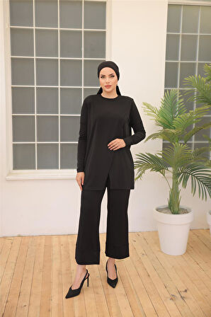 Asimetrik Kesim İkili Tesettür Eşofman Takımı - 71191 - Siyah