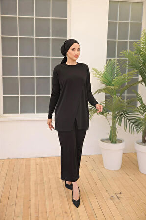 Asimetrik Kesim İkili Tesettür Eşofman Takımı - 71191 - Siyah