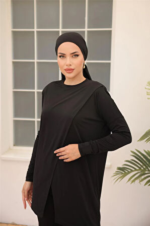 Asimetrik Kesim İkili Tesettür Eşofman Takımı - 71191 - Siyah