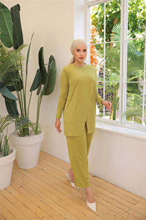 Asimetrik Kesim İkili Tesettür Eşofman Takımı - 71191 - Yağ Yeşili