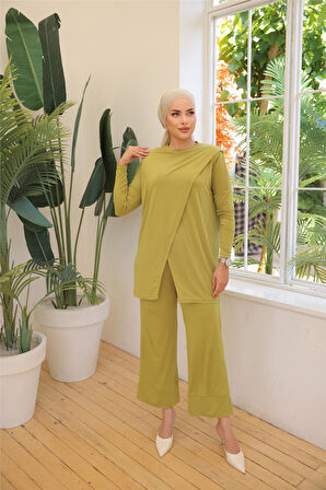 Asimetrik Kesim İkili Tesettür Eşofman Takımı - 71191 - Yağ Yeşili
