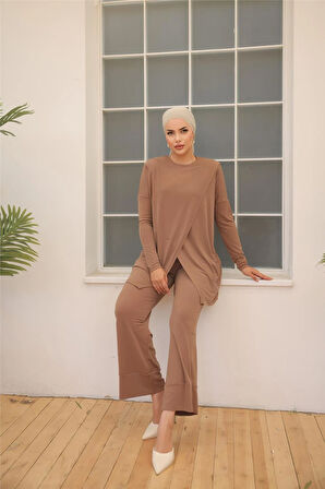 Asimetrik Kesim İkili Tesettür Eşofman Takımı - 71191 - Sütlü Kahve