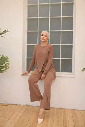Asimetrik Kesim İkili Tesettür Eşofman Takımı - 71191 - Sütlü Kahve