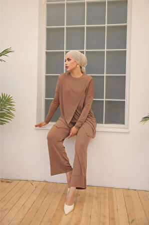 Asimetrik Kesim İkili Tesettür Eşofman Takımı - 71191 - Sütlü Kahve