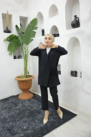 Yandan Bağlamalı Krep Ceket İkili Takım - 71194 - Siyah