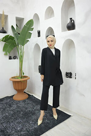 Yandan Bağlamalı Krep Ceket İkili Takım - 71194 - Siyah