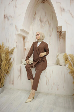 Yandan Bağlamalı Krep Ceket İkili Takım - 71194 - Kahverengi