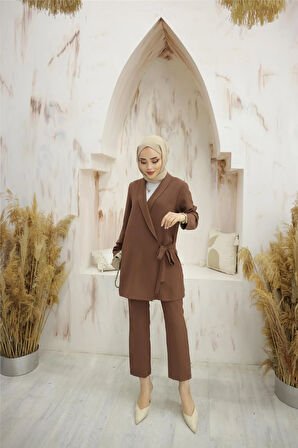 Yandan Bağlamalı Krep Ceket İkili Takım - 71194 - Kahverengi