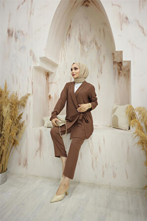 Yandan Bağlamalı Krep Ceket İkili Takım - 71194 - Kahverengi