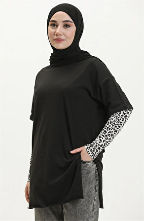 Vera Kısa Kollu Yırtmaçlı Sade Basic Tunik - 04012 - Siyah