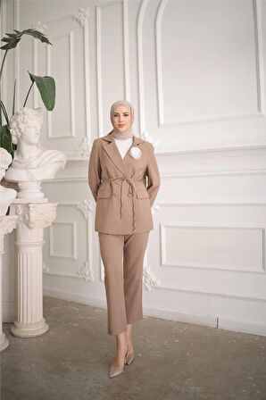 Belden Bağcıklı Kruvaze Ceket Takım - 50021 - Vizon