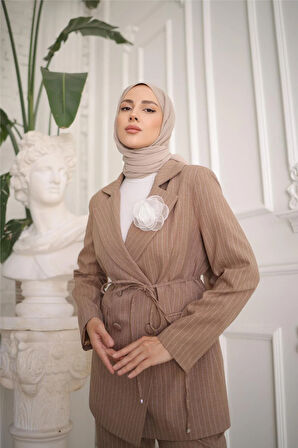 Belden Bağcıklı Kruvaze Ceket Takım - 50021 - Vizon