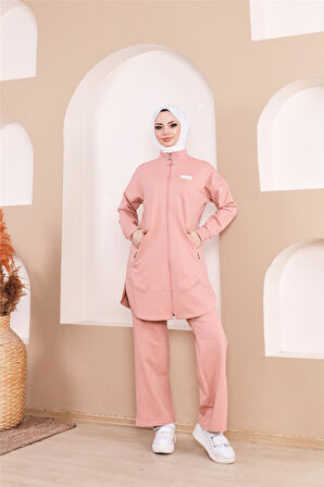 Fermuarlı Cepli Kısa İkili Tesettür Eşofman Takımı - 71182 - Pudra
