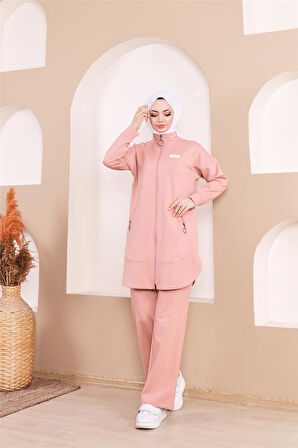 Fermuarlı Cepli Kısa İkili Tesettür Eşofman Takımı - 71182 - Pudra
