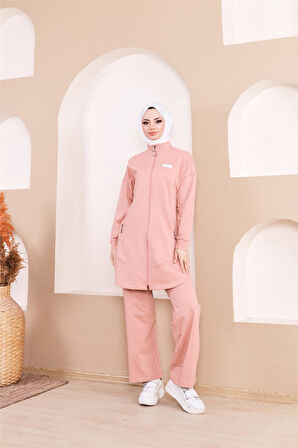 Fermuarlı Cepli Kısa İkili Tesettür Eşofman Takımı - 71182 - Pudra