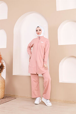 Fermuarlı Cepli Kısa İkili Tesettür Eşofman Takımı - 71182 - Pudra