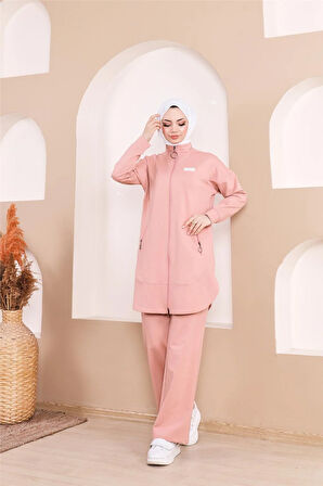 Fermuarlı Cepli Kısa İkili Tesettür Eşofman Takımı - 71182 - Pudra
