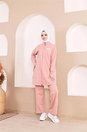 Fermuarlı Cepli Kısa İkili Tesettür Eşofman Takımı - 71182 - Pudra