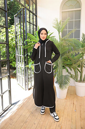 Kapşonlu Fermuarlı Cepli Uzun İkili Tesettür Eşofman Takımı - 71189 - Siyah