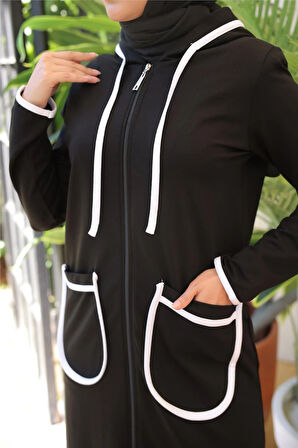 Kapşonlu Fermuarlı Cepli Uzun İkili Tesettür Eşofman Takımı - 71189 - Siyah