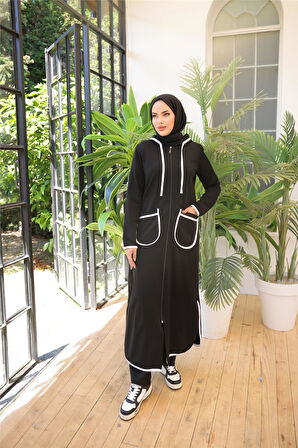 Kapşonlu Fermuarlı Cepli Uzun İkili Tesettür Eşofman Takımı - 71189 - Siyah