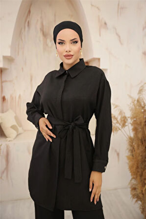 Gömlek Yaka Kuşak Detaylı İkili Takım - 71199 - Siyah