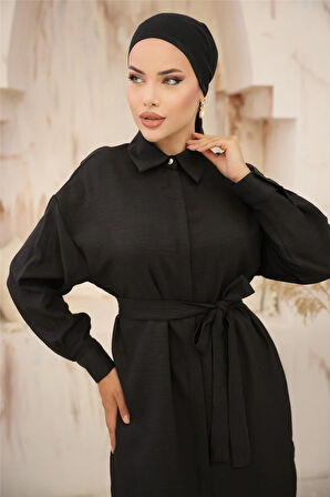 Gömlek Yaka Kuşak Detaylı İkili Takım - 71199 - Siyah