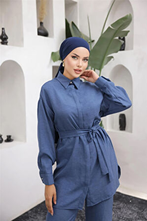 Gömlek Yaka Kuşak Detaylı İkili Takım - 71199 - Lacivert