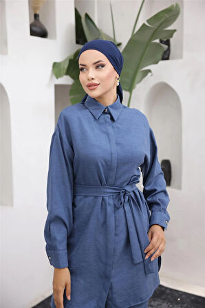 Gömlek Yaka Kuşak Detaylı İkili Takım - 71199 - Lacivert
