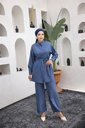 Gömlek Yaka Kuşak Detaylı İkili Takım - 71199 - Lacivert