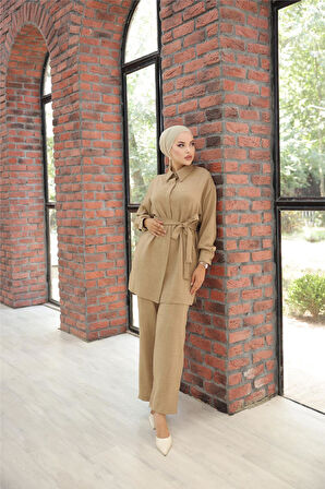 Gömlek Yaka Kuşak Detaylı İkili Takım - 71199 - Vizon