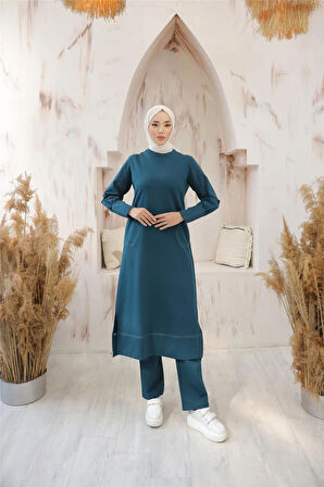 O Yaka Cepli Yırmaçlı Uzun Sade İkili Tesettür Eşofman Takımı - 71204.208 - Koyu Petrol