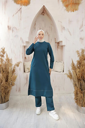 O Yaka Cepli Yırmaçlı Uzun Sade İkili Tesettür Eşofman Takımı - 71204.208 - Koyu Petrol