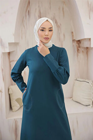 O Yaka Cepli Yırmaçlı Uzun Sade İkili Tesettür Eşofman Takımı - 71204.208 - Koyu Petrol