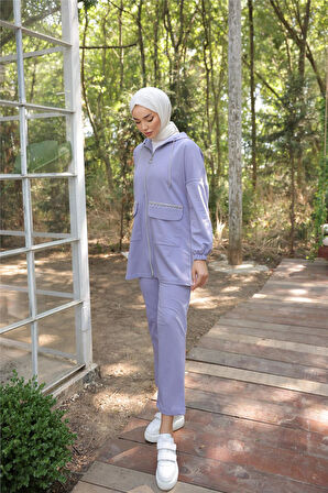 Kapşonlu Fermuarlı Cepli İkili Tesettür Eşofman Takımı - 71205.019 - Lila