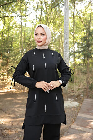 O Yaka Koldan Bağcıklı Taş Detaylı İkili Tesettür Eşofman Takımı - 71208.003 - Siyah