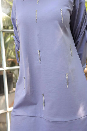 O Yaka Koldan Bağcıklı Taş Detaylı İkili Tesettür Eşofman Takımı - 71208.019 - Lila