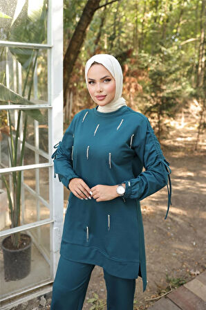O Yaka Koldan Bağcıklı Taş Detaylı İkili Tesettür Eşofman Takımı - 71208.208 - Koyu Petrol