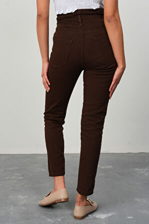 Kadın Kahverengi %100 Pamuk Gabardin Kemer Büzgülü Mom Pantolon - 2614
