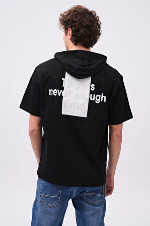 Erkek Önü ve Arkası Never Baskılı Kapüşonlu T-Shirt