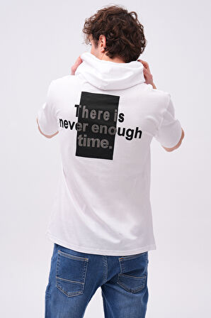 Erkek Önü ve Arkası Never Baskılı Kapüşonlu T-Shirt