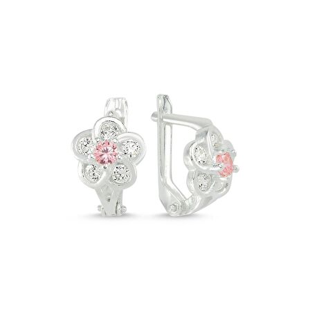 Gümüş Yonca Desenli Pembe Taşlı Çocuk Küpe