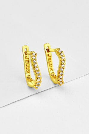 Gümüş  Zirkon Taşlı S Model Gold Renkli Küpe