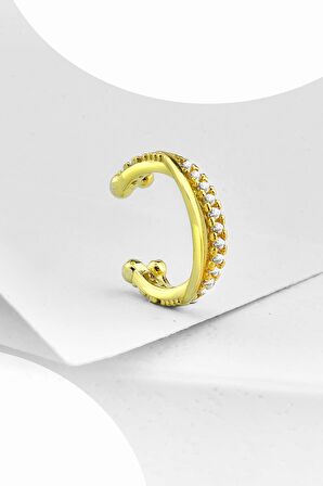 Gümüş  Zirkon Taşlı Yarım Tur Kıkırdak Gold Renkli  Küpe
