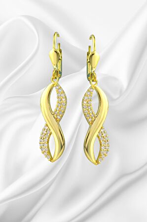 Gümüş  Sonsuzluk Model Zirkon Taşlı Sallantılı Gold  Küpe