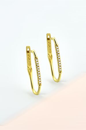 Gümüş  Zirkon Sıra Taşlı Uzun Oval Gold Renkli Küpe