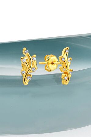 Gümüş  Minimalist Zirkon Taşlı Dal Model Çivili Gold Küpe