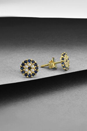 Gümüş  Minimalist Renkli Zirkon Taşlı Nazar Model Gold  Çivili Küpe