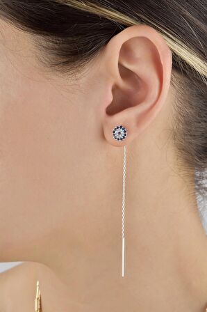 Gümüş 7 mm Safir Taşlı Nazar  Sallantı Küpe